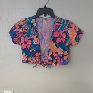 Class Act Tropical Floral Tie-Front Crop Top Multicolor Womens SZ S Made in USA